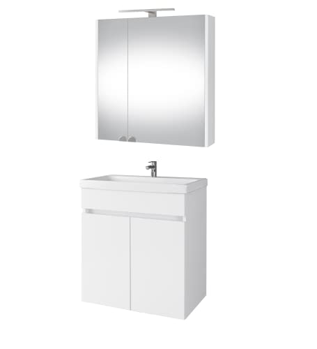 Planetmöbel Waschbeckenunterschrank 64cm mit Keramikwaschbecken, Spiegelschrank mit LED Leuchte, Moderne Badmöbel in Weiß von Planetmöbel