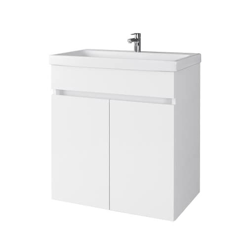 Planetmöbel Waschbeckenunterschrank hängend 64cm breit, mit Keramikwaschbecken, 2-teilige Badmöbel Set in Weiß, modernes Design von Planetmöbel