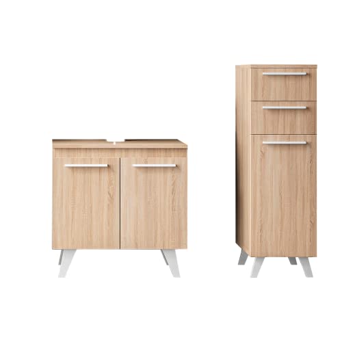 Planetmöbel Waschbeckenunterschrank stehend 60cm mit Midischrank Merkur 30cm in Sonoma Eiche, Badmöbel Set für Badezimmer WC von Planetmöbel