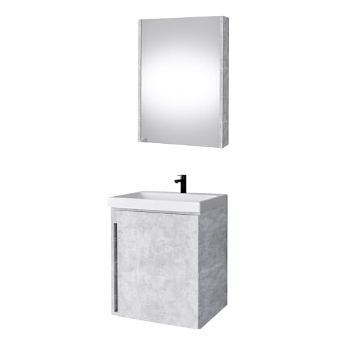Planetmöbel Waschbeckenunterschrank mit Keramikwaschbecken & Spiegelschrank 50cm in Beton, modernes Badmöbel Set für Badezimmer WC von Planetmöbel