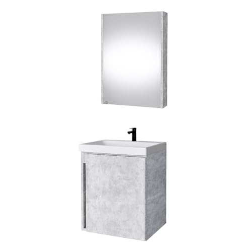 Planetmöbel Waschbeckenunterschrank mit Keramikwaschbecken & Spiegelschrank 50cm in Beton, modernes Badmöbel Set für Badezimmer WC von Planetmöbel