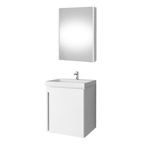 Planetmöbel Waschbeckenunterschrank mit Keramikwaschbecken & Spiegelschrank 50cm in Weiß, modernes Badmöbel Set für Badezimmer WC von Planetmöbel