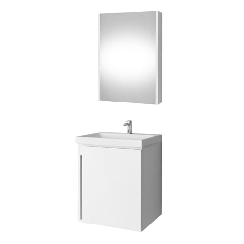 Planetmöbel Waschbeckenunterschrank mit Keramikwaschbecken & Spiegelschrank 50cm in Weiß, modernes Badmöbel Set für Badezimmer WC von Planetmöbel