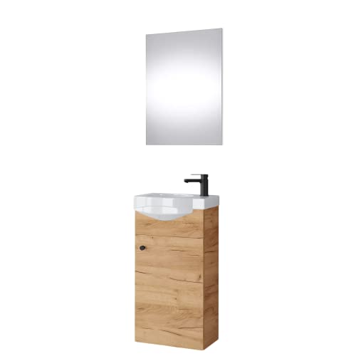 Planetmöbel Waschtisch 40cm Gold Eiche mit Spiegel, Unterschrank mit Waschbecken aus Keramik mit Badspiegelfür Gäste WC von Planetmöbel