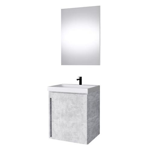 Planetmöbel Waschtischunterschrank in Beton 50cm mit Waschbecken & Spiegel, Badmöbel Set für Badezimmer Gäste WC von Planetmöbel