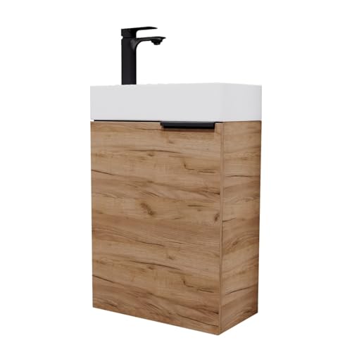 Planetmöbel Waschtisch mit Unterschrank 40 cm Waschbeckenunterschrank, Badmöbel-Set mit Waschbecken für kleine Bäder, Gäste WC, Gold Eiche (inkl. Armatur schwarz matt) von Planetmöbel