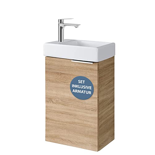 Planetmöbel Waschtischunterschrank mit Keramikwaschbecken 40cm in Sonoma Eiche mit Wasserhahn in Chrom, Badmöbel Set für Badezimmer, Gäste WC von Planetmöbel