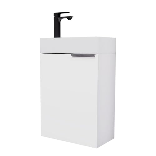 Planetmöbel Waschtischunterschrank mit Keramikwaschbecken 40cm in Weiß mit Armatur in Schwarz matt, Badmöbel Set für Badezimmer, Gäste WC von Planetmöbel