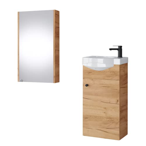 Planetmöbel Waschtisch und Spiegelschrank 40cm Gold Eiche, Waschtischunterschrank hängend mit Waschbecken, Badmöbel Set für Badezimmer von Planetmöbel
