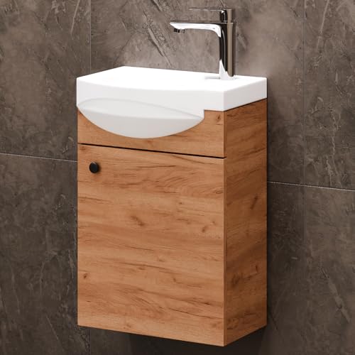 Planetmöbel Badmöbel Set Waschtisch mit Unterschrank 40 x 60 x 29 cm mit Waschtischarmatur Chrom für Badezimmer, Gäste WC & Bad, Gold Eiche von Planetmöbel