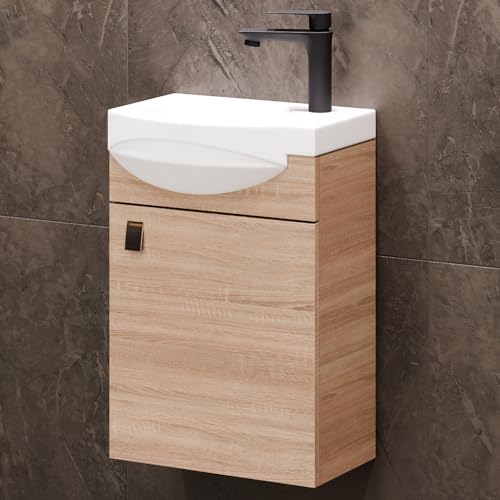 Planetmöbel Badmöbel Set Waschtisch mit Unterschrank 40 x 60 x 29 cm mit Waschtischarmatur schwarz für Badezimmer, Gäste WC & Bad, Sonoma Eiche von Planetmöbel