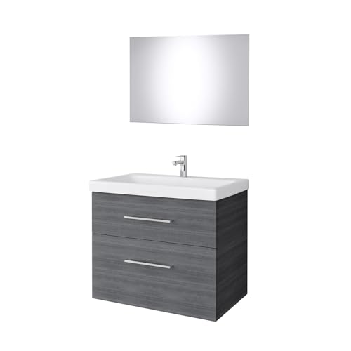 Planetmöbel Waschtischunterschrank 64cm mit Spiegel Badmöbel Set für Badezimmer Gäste WC Anthrazit von Planetmöbel