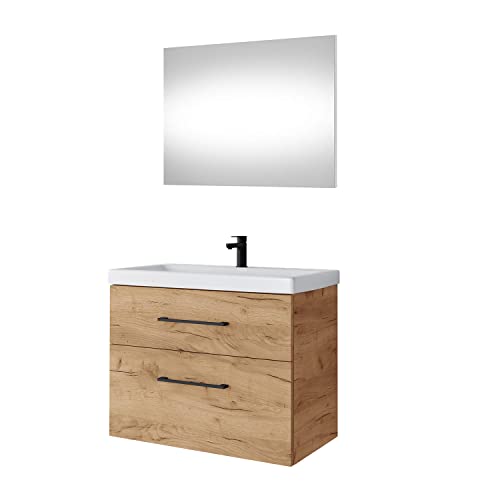 Planetmöbel Waschtischunterschrank 64cm mit Spiegel Badmöbel Set für Badezimmer Gäste WC Gold Eiche von Planetmöbel