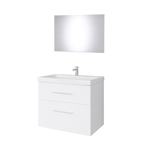 Planetmöbel Waschtischunterschrank 64cm mit Spiegel Badmöbel Set für Badezimmer Gäste WC Weiß von Planetmöbel