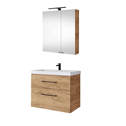Planetmöbel Waschtischunterschrank 64cm mit Spiegelschrank Badmöbel Set für Badezimmer Gäste WC Gold Eiche von Planetmöbel