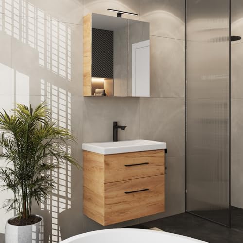 Planetmöbel Badmöbel Set Waschtisch mit Unterschrank 63 x 60 x 36,5 cm, Spiegelschrank 60 cm mit LED-Leuchte (schwarz matt) & Steckdose, Moderne Badezimmer Möbel, Gold Eiche von Planetmöbel