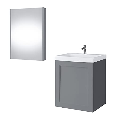 Planetmöbel Waschtischunterschrank Keramikwaschbecken Spiegelschrank Badmöbel Set 50cm matt (Grau matt) von Planetmöbel