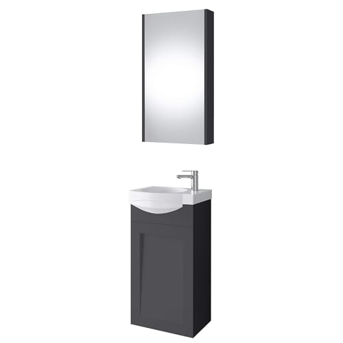 Planetmöbel Waschtischunterschrank Keramikwaschbecken Spiegelschrank Gäste WC Badmöbel Set 40cm matt (Anthrazit matt) von Planetmöbel