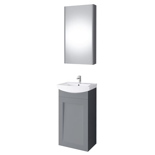 Planetmöbel Waschtischunterschrank Keramikwaschbecken Spiegelschrank Gäste WC Badmöbel Set 45cm matt (Grau matt) von Planetmöbel