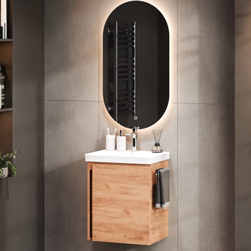 Planetmöbel Waschtisch mit Unterschrank 50 cm inkl. Badspiegel mit Beleuchtung oval, Badmöbel Set mit Waschbecken, hängend, Gold Eiche von Planetmöbel