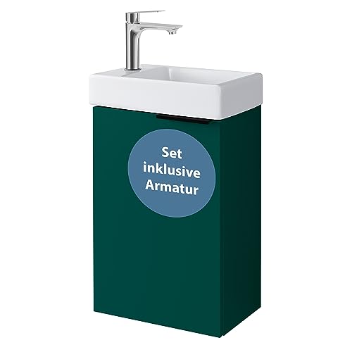 Planetmöbel Waschtisch mit Unterschrank 40 cm Waschbeckenunterschrank, Badmöbel-Set mit Waschbecken für kleine Bäder, Gäste WC, Wald grün (inkl. Armatur Chrom) von Planetmöbel