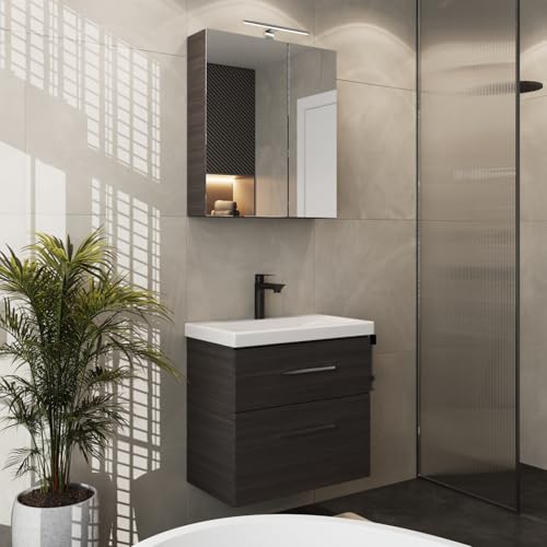 Planetmöbel Badmöbel Set Waschtisch mit Unterschrank 63 x 60 x 36,5 cm, Spiegelschrank 60 cm mit LED-Leuchte (schwarz matt) & Steckdose, Moderne Badezimmer Möbel, Anthrazit von Planetmöbel