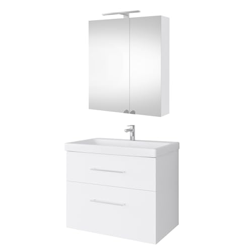 Planetmöbel Waschtischunterschrank 64cm mit Spiegelschrank Badmöbel Set für Badezimmer Gäste WC Weiß von Planetmöbel