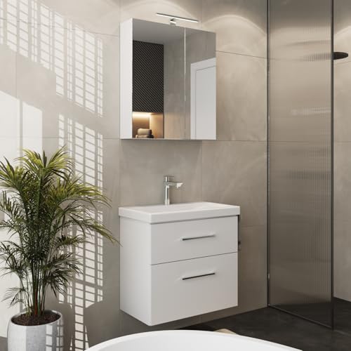 Planetmöbel Badmöbel Set Waschtisch mit Unterschrank 63 x 60 x 36,5 cm, Spiegelschrank 60 cm mit LED-Leuchte (schwarz matt) & Steckdose, Moderne Badezimmer Möbel, Weiß von Planetmöbel