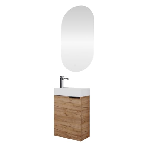 Planetmöbel Waschtischunterschrank mit Spiegel Badmöbel Set 40cm für Badezimmer Gäste WC Gold Eiche von Planetmöbel