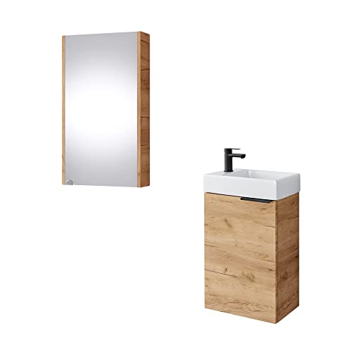 Planetmöbel Waschtischunterschrank mit Spiegelschrank Badmöbel Set 40cm für Badezimmer Gäste WC Gold Eiche von Planetmöbel