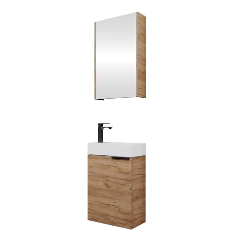 Planetmöbel Waschtischunterschrank mit Spiegelschrank Badmöbel Set 40cm für Badezimmer Gäste WC Gold Eiche von Planetmöbel
