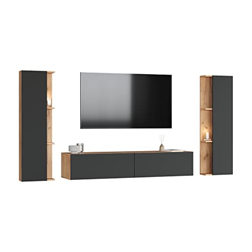 Planetmöbel TV Wohnwand Wohnzimmer 160 cm Gold Eiche/Anthrazit, mit 2X 40cm Seitenschränken Gold Eiche/Anthrazit von Planetmöbel