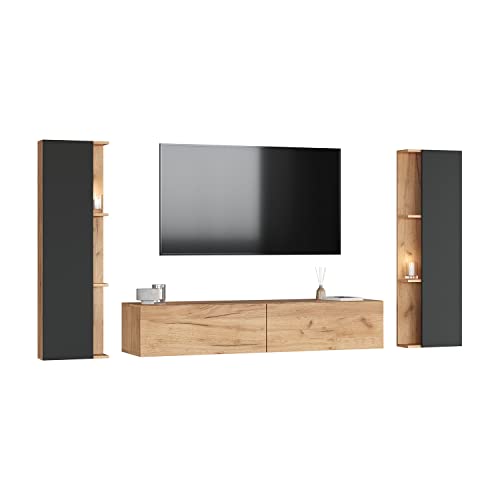 Planetmöbel TV Wohnwand Wohnzimmer 160 cm Gold Eiche, mit 2X 40cm Seitenschränken Gold Eiche/Anthrazit von Planetmöbel