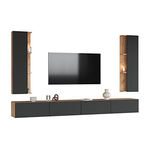 Planetmöbel TV Wohnwand Wohnzimmer 2X 140 cm Gold Eiche/Anthrazit, mit 2X 40cm Seitenschränken Gold Eiche/Anthrazit von Planetmöbel