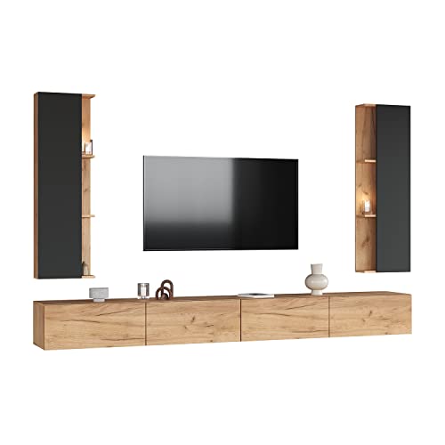 Planetmöbel TV Wohnwand Wohnzimmer 2X 140 cm Gold Eiche, mit 2X 40cm Seitenschränken Gold Eiche/Anthrazit von Planetmöbel