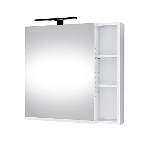 Planetmöbel moderner Badezimmer Spiegelschrank mit integriertem Licht, Spiegeltüren, Stauraum und Steckdose in Weiß von Planetmöbel