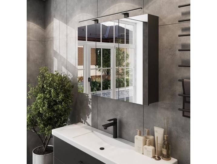 Spiegelschrank ARIA 90 cm anthrazit mit Leuchte schwarz und Steckdosenbox 230V von Planetmöbel