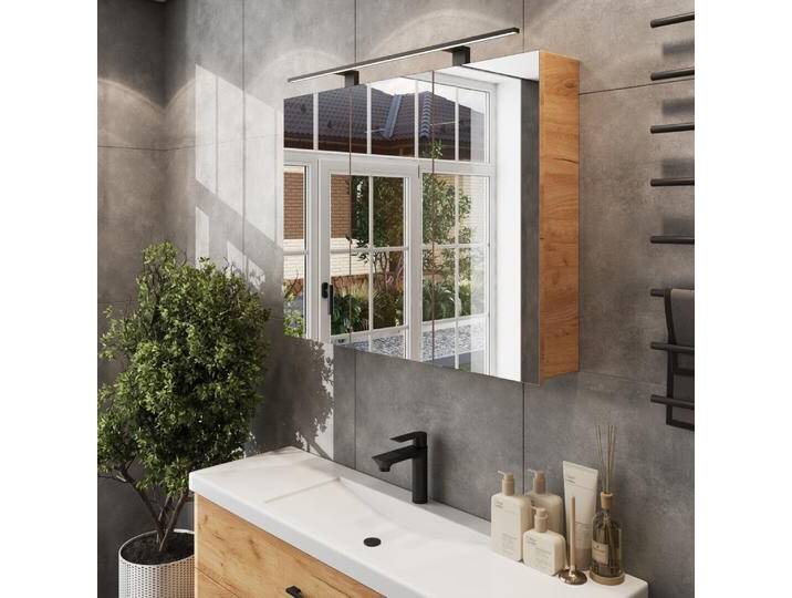 Spiegelschrank ARIA 90 cm gold eiche mit Leuchte schwarz und Steckdosenbox 230V von Planetmöbel
