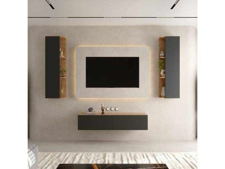 TV Wohnwand (3-teilig) aus 1x TV Board und 2x Seitenschrank, 140 cm Gold Eiche / Anthrazit von Planetmöbel