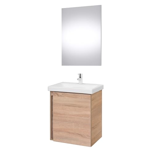 Planetmöbel Waschtischunterschrank in Sonoma Eiche 50cm mit Waschbecken & Spiegel, Badmöbel Set für Badezimmer Gäste WC von Planetmöbel