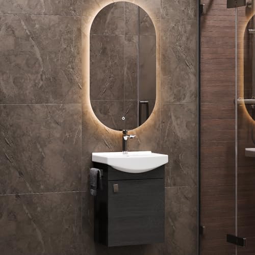 Planetmöbel Badmöbel Set Waschtisch mit Unterschrank 45 x 60 x 33 cm, Spiegel mit Beleuchtung 50 x 90 cm für Badezimmer, Gäste WC & Bad, Anthrazit von Planetmöbel