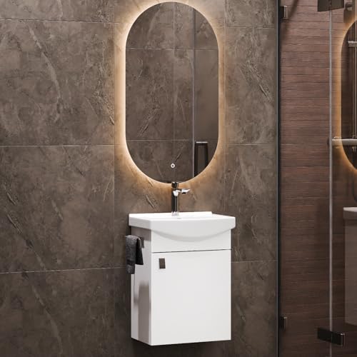 Planetmöbel Badmöbel Set Waschtisch mit Unterschrank 45 x 60 x 33 cm, Spiegel mit Beleuchtung 50 x 90 cm für Badezimmer, Gäste WC & Bad, Weiß von Planetmöbel