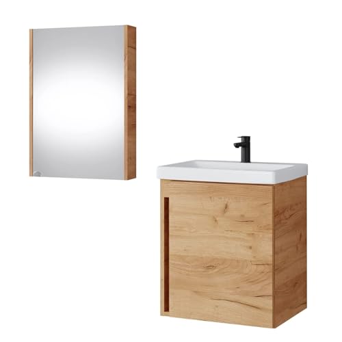 Planetmöbel Waschtisch + Spiegelschrank Badmöbel Set 50cm für Badezimmer WC (Gold Eiche) von Planetmöbel