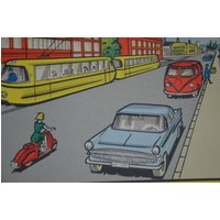 Original 60Er Jahre Vintage Wandkarte Lehrschule Poster Autos Auto Fahren Parken Vw T1 Van Beetle Volkswagen Pop Art Comic Stil Offset Druck von PlanographicSociety