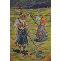 Original Antike Vintage Wandkarte Nach Malerei Jahreszeit 1920Er Jahre Poster Czech The Summer Harvest Thunderstorm Scythe Reaper Kinder Baden von PlanographicSociety