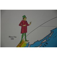 Original Vintage 1970Er Schulposter Wandkarte Marco Polo Columbus Amerika Weltkarte Japan Indien Entdecker Meer Schiffe Segelhandel Indonesien von PlanographicSociety