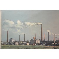 Original Vintage Deutsches Großes Koloriertes Fotodruck Schulkarte Industrie Landschaft Rhein Fluss Boot Poster 1950Er Ruhrpott von PlanographicSociety