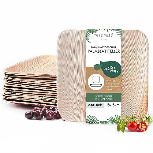 Plantvibes® Holzschalen aus Palmblatt 200 Set x 15CM, edel & umweltfreundlich - stilvolles Palmblattgeschirr ist 100% kompostierbar, Bio Einweggeschirr Obstschalen von Plantvibes