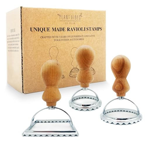 Plantvibes Ravioli-Ausstecher im 3er-Set, 3 wunderschöne Ravioli-Former mit Holzgriff, Ravioli-Stempel und Raviolischneider von Plantvibes