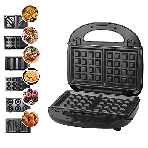 Plasaig SK 908 Multifunktionsgerät Toaster 6-in-1, 750 W, Sandwich-Maschine, Waffeleisen, Paninispresse, antihaftbeschichtet & austauschbar, Schwarz von Plasaig